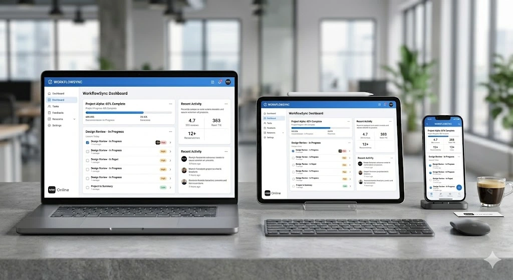 Sistema web responsivo em notebook, tablet e celular